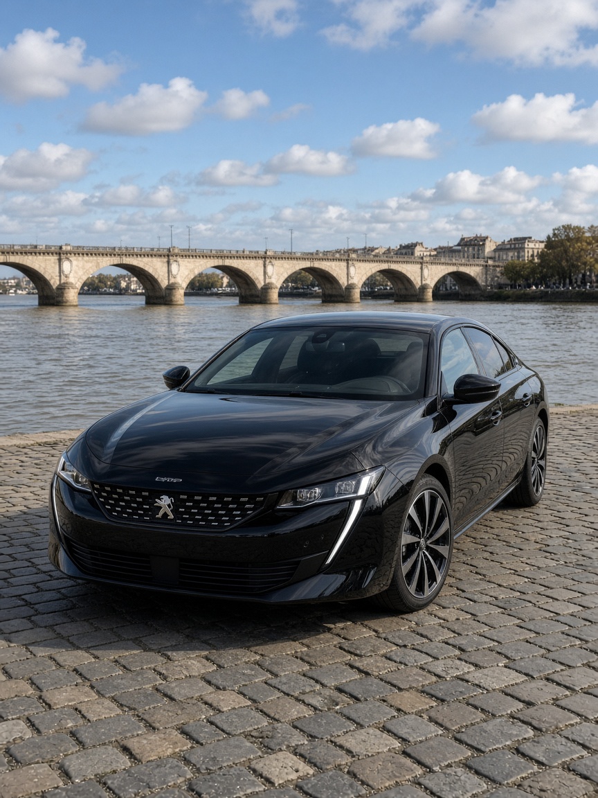 Peugeot 508 noire sur les quais de Bordeaux, Pont de Pierre en arrière-plan